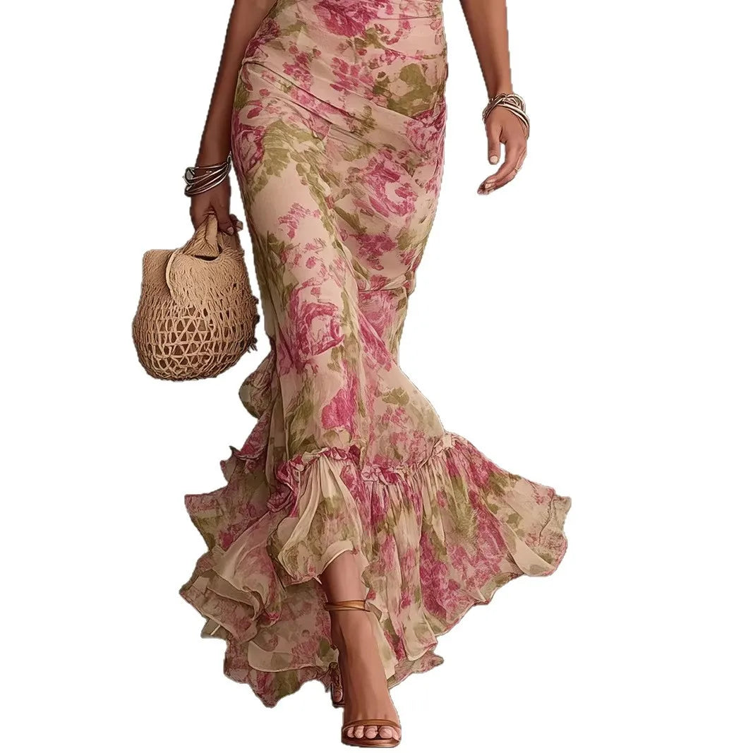 Vintage Chiffon Maxi Dress With Stand Collar Short Sleeve for Women