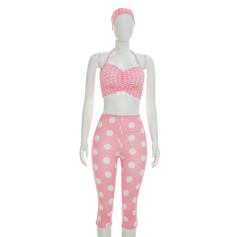 Polka Dot Two Piece Set with Halter Crop Top and Shorts for Women