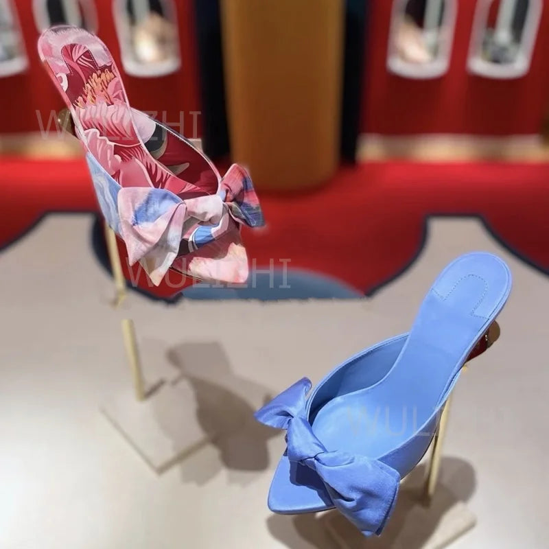 Blue Silk Bow Leather Knotted Open Toe Sandals for Women