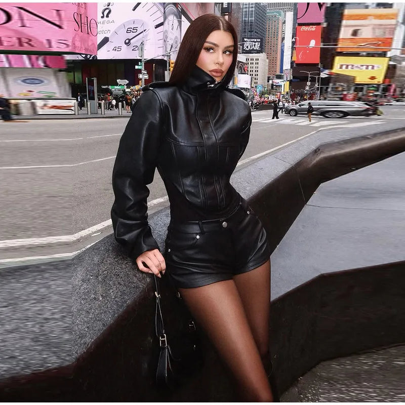 Tailored Crop Front Faux Leather Biker Jacket for Women