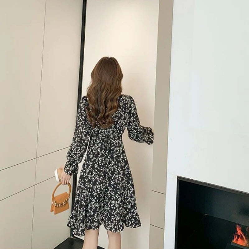 Floral Woman Long Sleeve Dress Chic And Elegant Pretty High Quality Flower Luxury Outfits Casual Youth Midi Dresses for Women