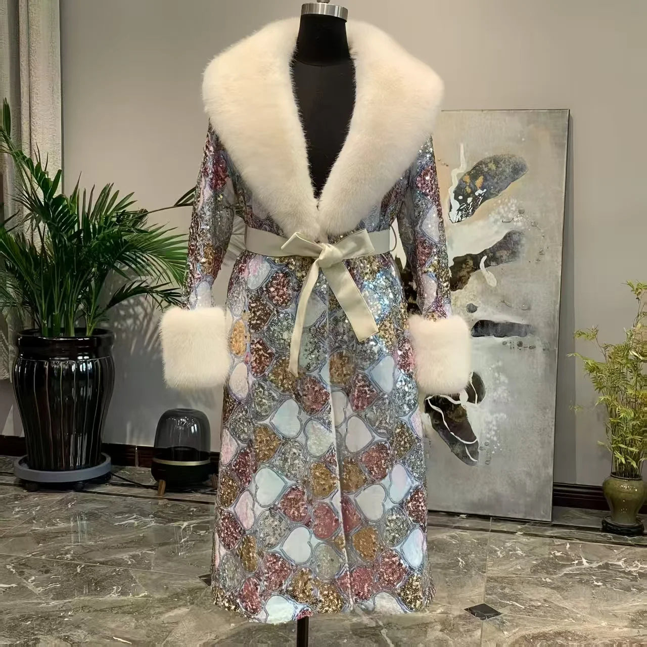 Faux Fur Coat for Women,Adjustable Waist Long Jacket,V-Neck Outwear,Sequins,Spliced,Luxury,Autumn and Winter