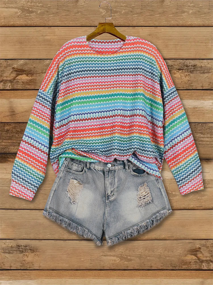 plus Size Hollow Collision Knitted Sweater round Neck Pullover Striped Design Comfortable Fit Women's Fashion Autumn Winter