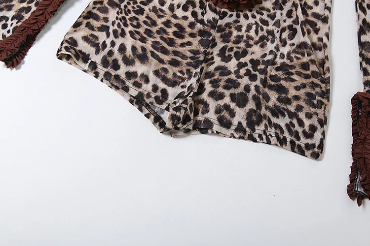 Leopard Print Sheer Ruffle Sleeve Romper for Women