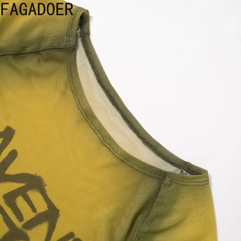 FAGADOER Y2k Fashion Mesh Letter Print 2 Piece Sets Woman Outfit See Through Short Sleeve Crop Top and Leather Short Streetwear