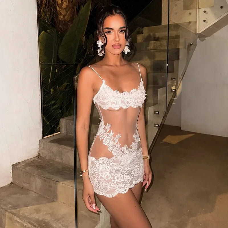 Sexy Sheer High Waist Lace Patchwork Dress for Women