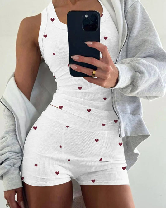 Summer Fashion Women 2 Pieces Pajamas Set Heart Pattern U Neck Sleeveless Tank Top and Casual Strechy Waist Shorts Set Sleepwear