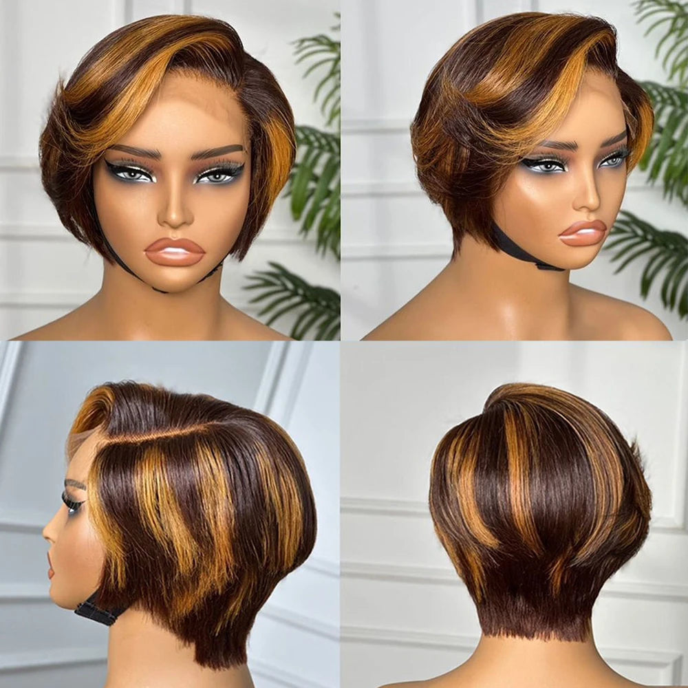 Highlight Straight Pixie Cut Lace Front Human Hair Bob Wig for Women