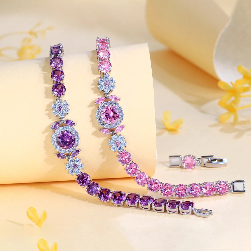 Pink Purple Flower Tennis Bracelet