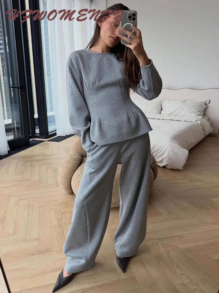 Spring Chic O-Neck Pleated Loose-Fit Two-Piece Set for Women