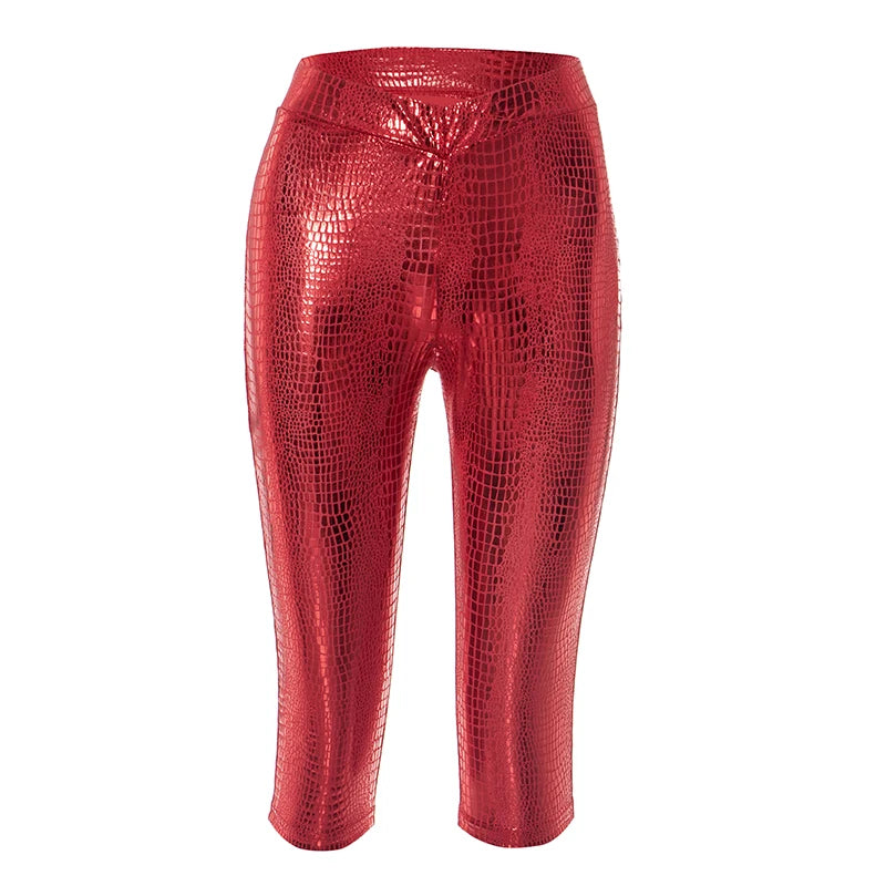 CUTENOVA Sexy Snake Print Solid Color Glossy Elastic High-Waisted Seven-Minute Casual Pants Summer New Women'S Clothing
