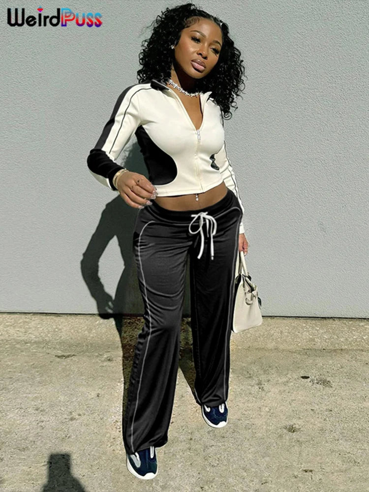 Patchwork Cropped Jacket And Matching Pants Set for Women