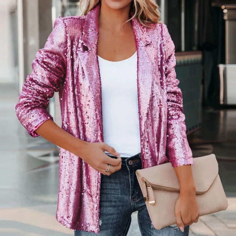 Long Sleeve Sequin Shimmer Blazer Jacket for Women
