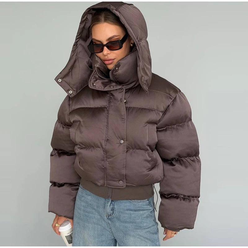 Detachable Hood Cropped Padded Winter Jacket for Women