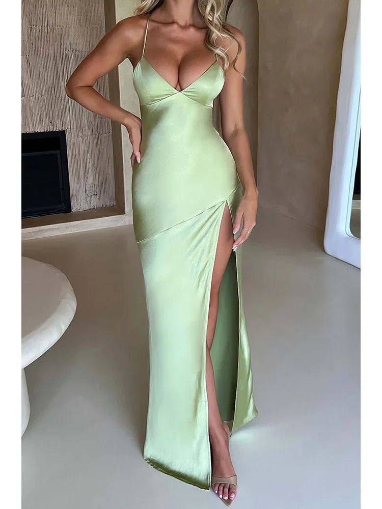 Elegant Backless Satin Maxi Dress With Lace Up For Women