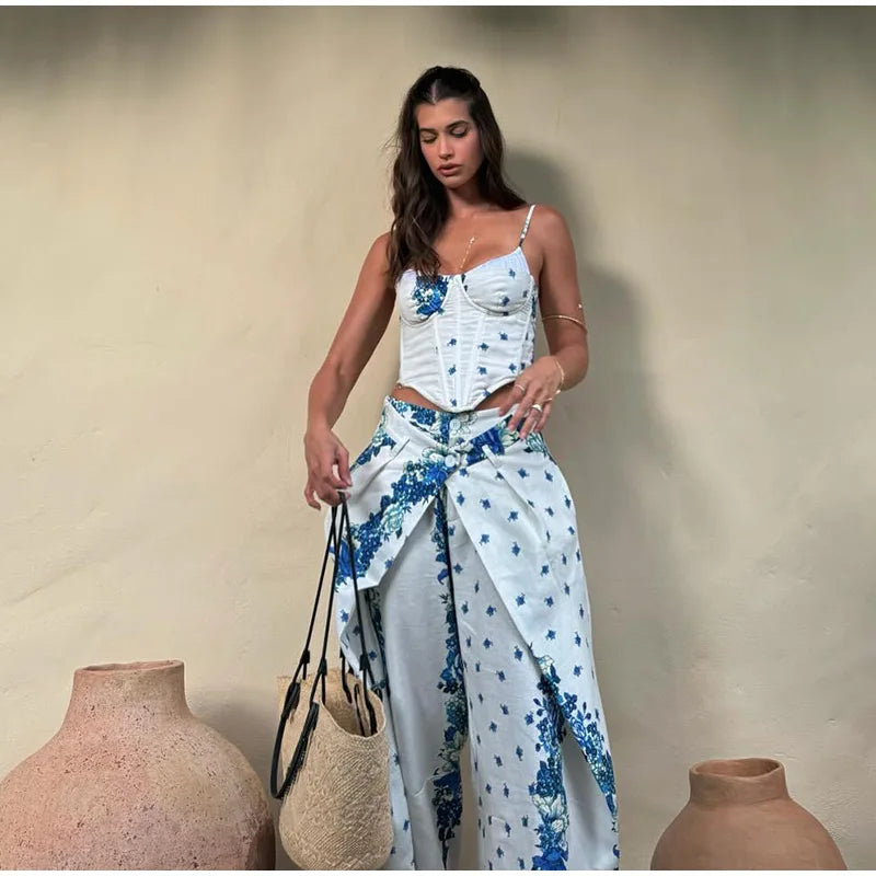 Printed Fishbone Top And Pleated Pants Two Piece Set For Women