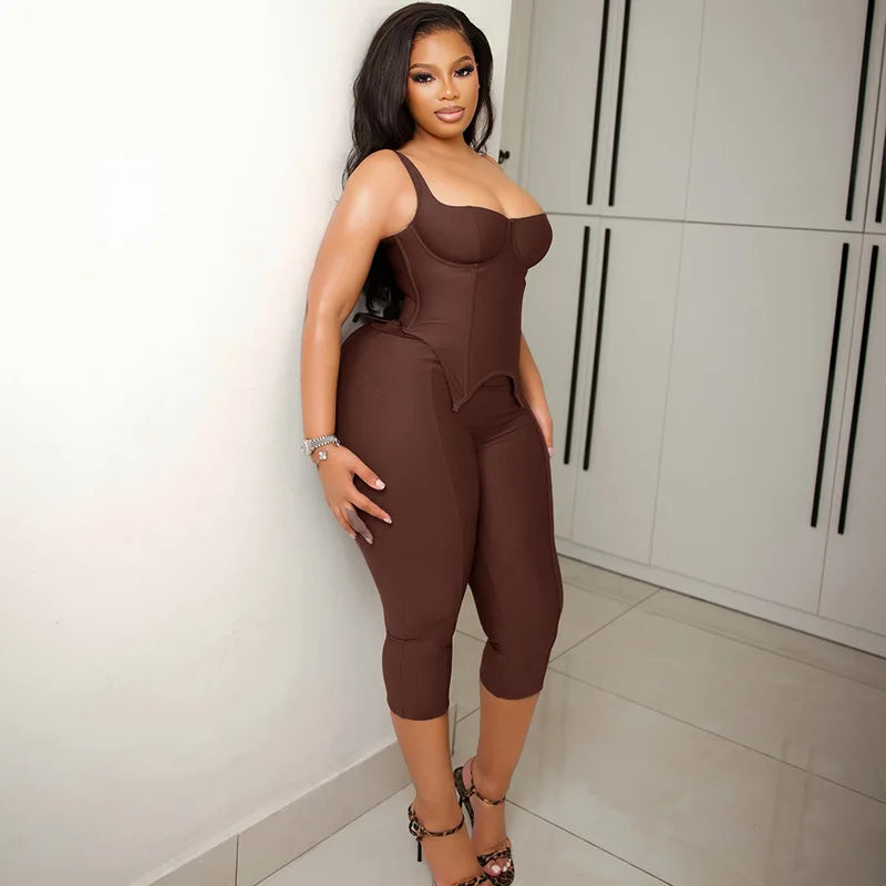 Brown Off Shoulder Corset Crop Top and Capri Pants Two Piece Set for Women