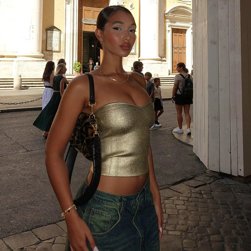 Cryptographic Fashion Vintage Strapless Gold Crop Tops Party Club Outfits for Women Tube Vest Sexy Backless Bustier Tops Y2K