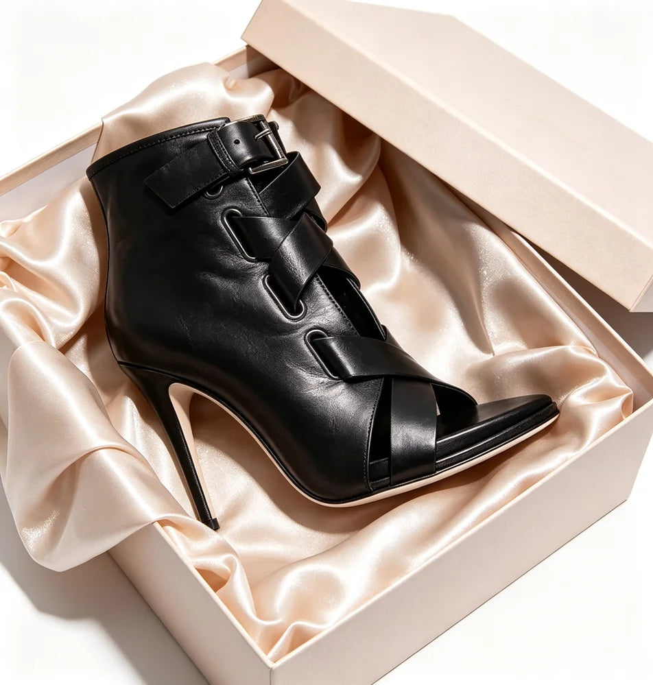 Strappy Buckle Peep Toe Leather Stiletto Booties for Women