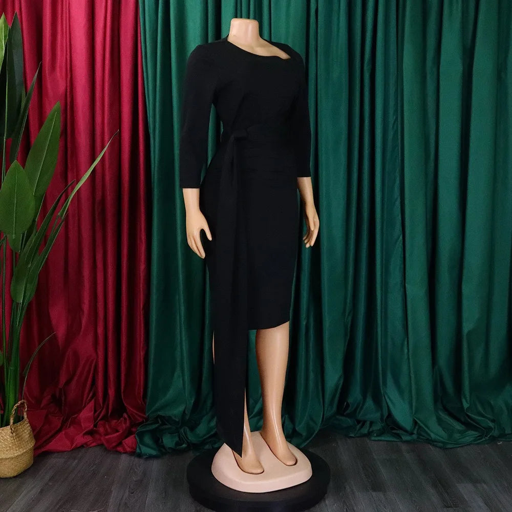 Office Dresses for Woman 2024 New Skew Collar Full Sleeve Sashes Sheath Package Hips Mid Calf Professional Business Work Dress