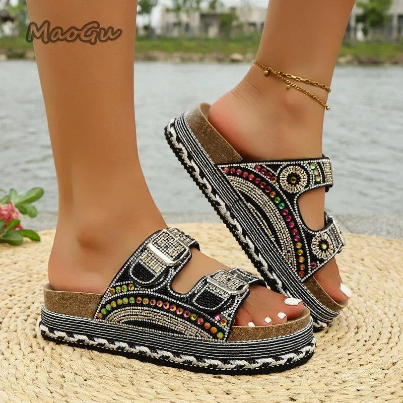 Bohemian Rhinestone Embroidered Platform Sandals For Women