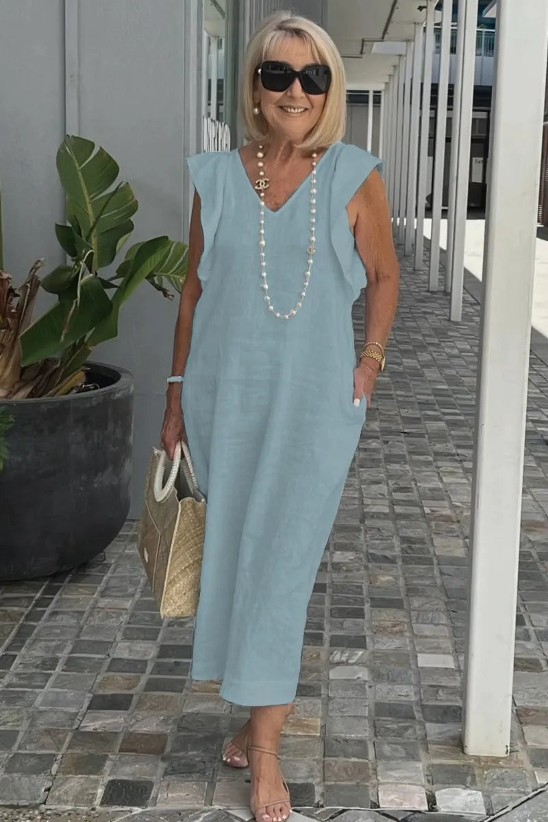 Back Tie Flutter Sleeve Ankle Length Linen Dress for Women