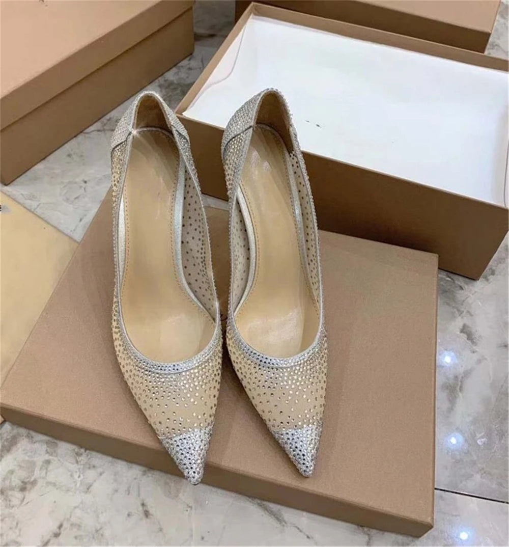 Rhinestone Mesh Pointed Toe Thin High Heels for Women
