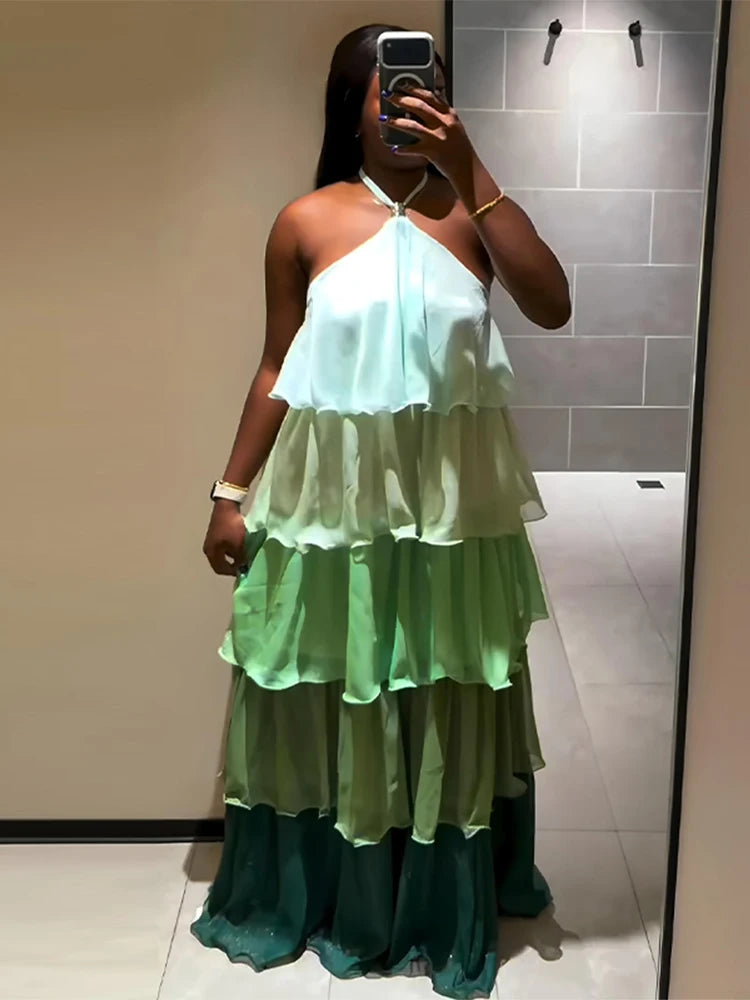 Flowy Gradient Halter Off Shoulder Ruffle Maxi Dress for Women