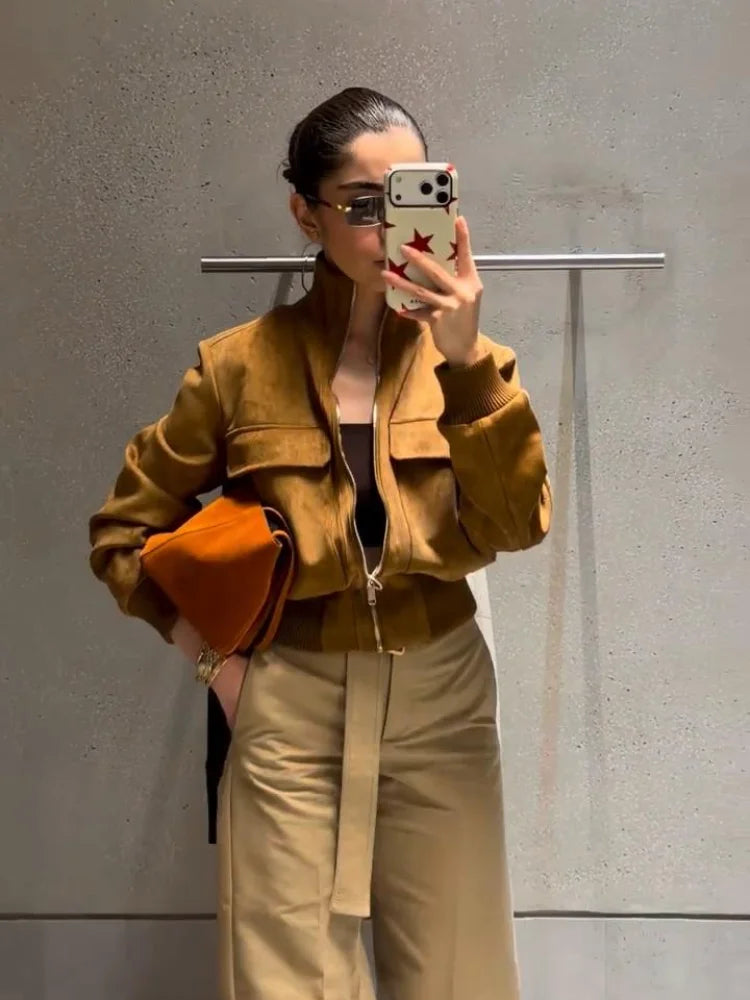 Vintage Suede Long Sleeve Jacket with Pockets for Women