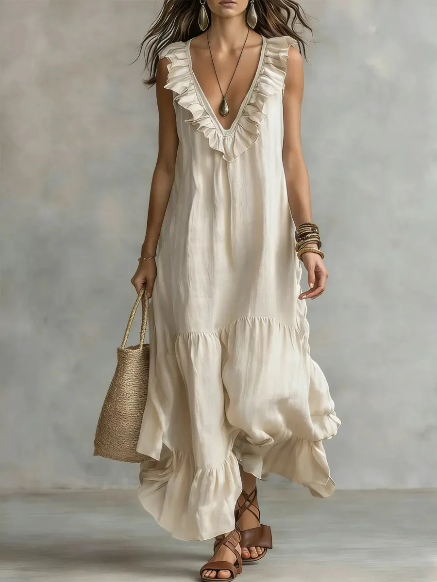 Spaghetti Strap V Neck Ruffle Trim Tiered Loose Flowy Maxi Dress for Women