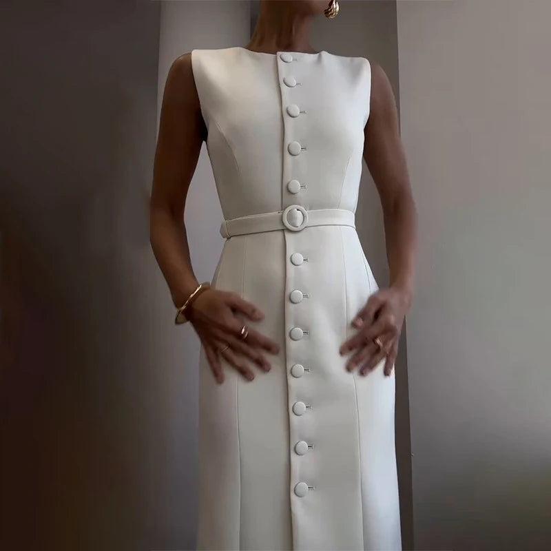 Elegant Temperament Slim Women's A-line Dress Summer Casual O Neck Button Office Dress Simple Solid Color Sleeveless Long Dress