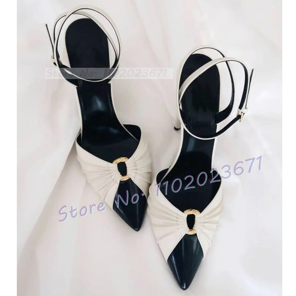 Pointy Metal Ring White Sandals Women Mixed Color Spike High Heels Elegant Work Shoes Office Lady 2023 Summer Bow knot Shoes