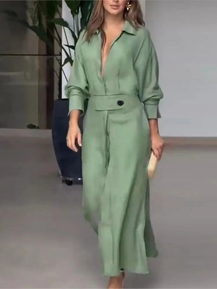 Autumn Elegant Long Sleeve V Neck Shirt Dress for Women