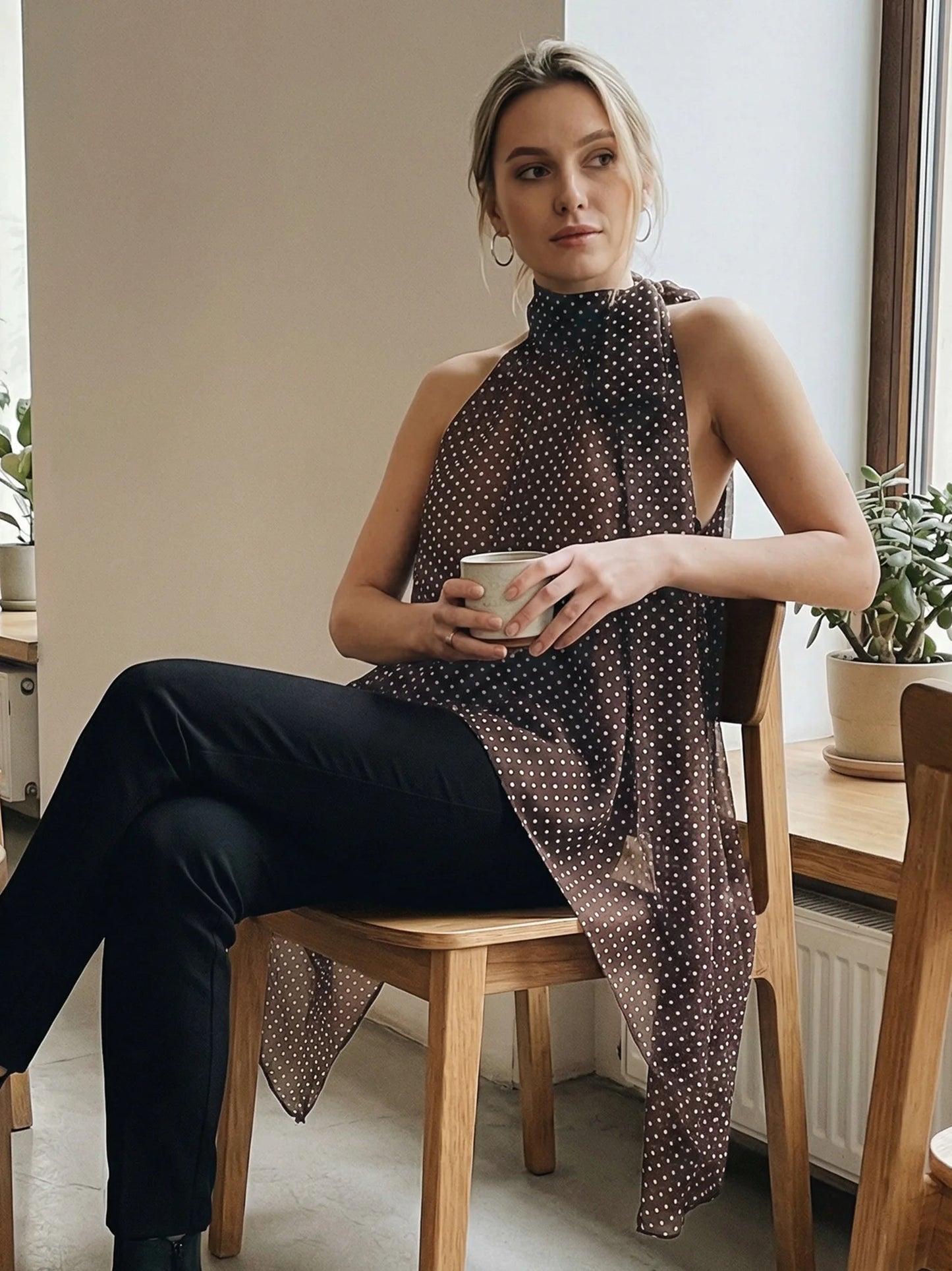 Elegant Irregular Blouse with Tie Up Mock Neck Chiffon Dots Print for Women
