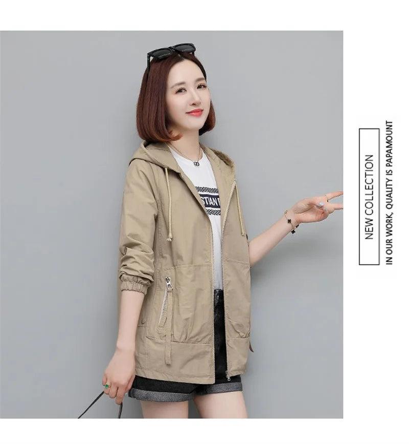 Lining Hooded Coat Female Spring And Autumn Temperament Short Jacket Casual Short Trench Coat Female Hooded Outwear Khaki