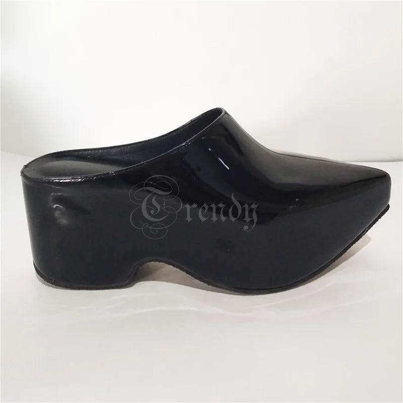Black Mirror Leather Pointed Toe Crystal Slingback Mules For Women