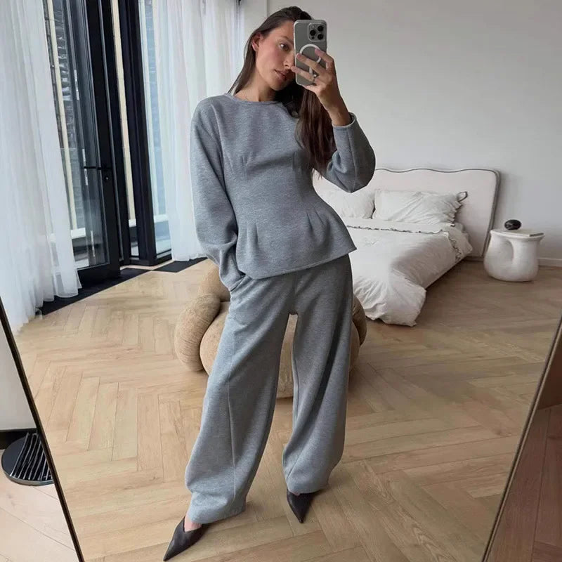 Spring Chic O-Neck Pleated Loose-Fit Two-Piece Set for Women