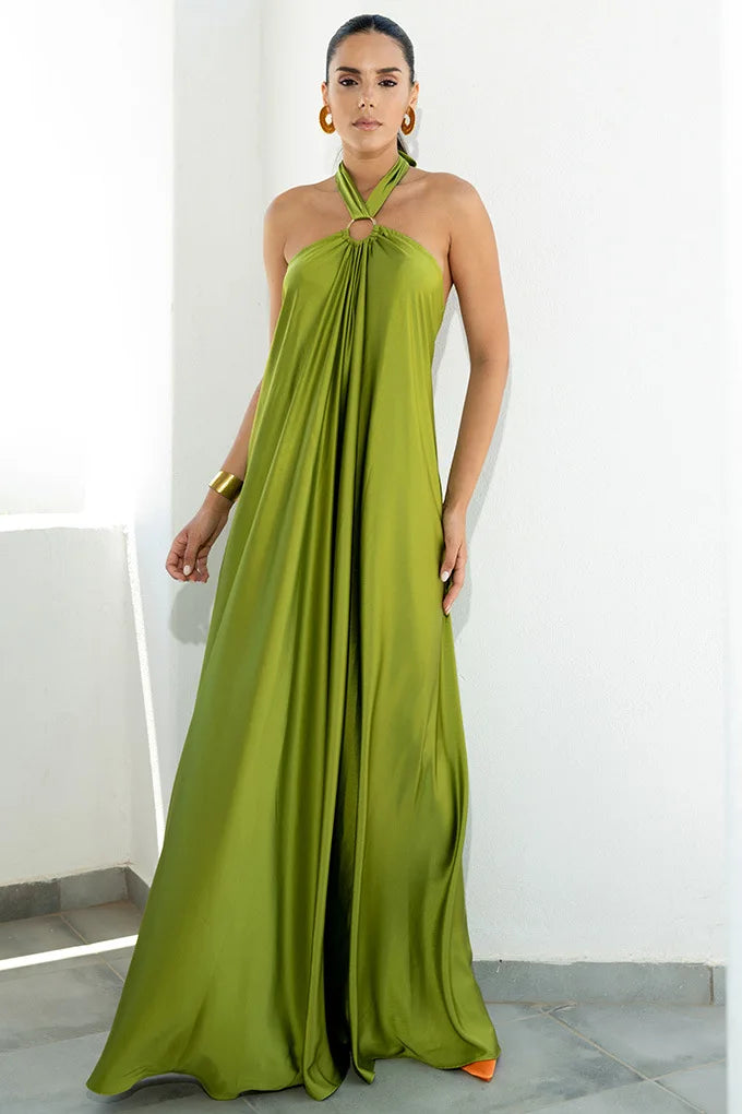 Backless Halter Neck Satin Evening Dress for Women