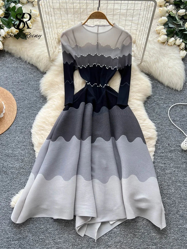 Wave Print Long Sleeve Ankle Length Evening Dress for Women