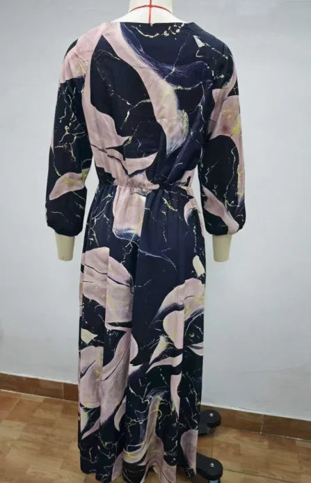 Elegant Cinched Waist Printed Long Dress for Women