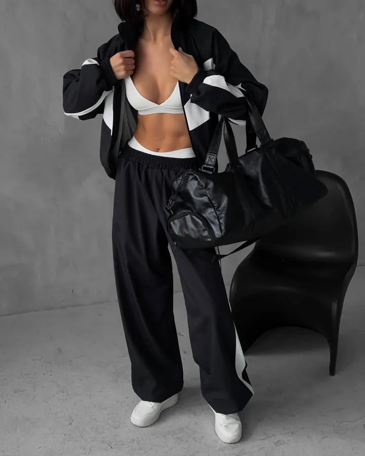 Casual Contrast Color Zipper Tracksuit Set for Women
