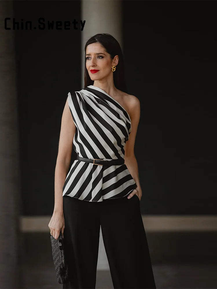 One Shoulder Striped Pleated Top With Backless Cut for Women