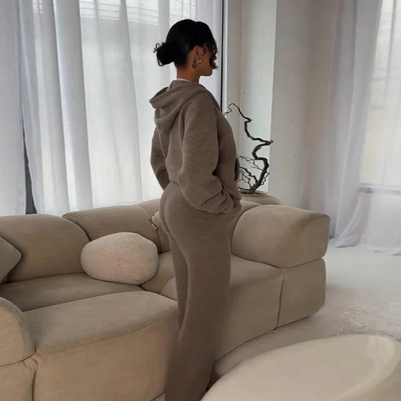 Letter Print Hooded Two Piece Set With Wide Leg Pants for Women