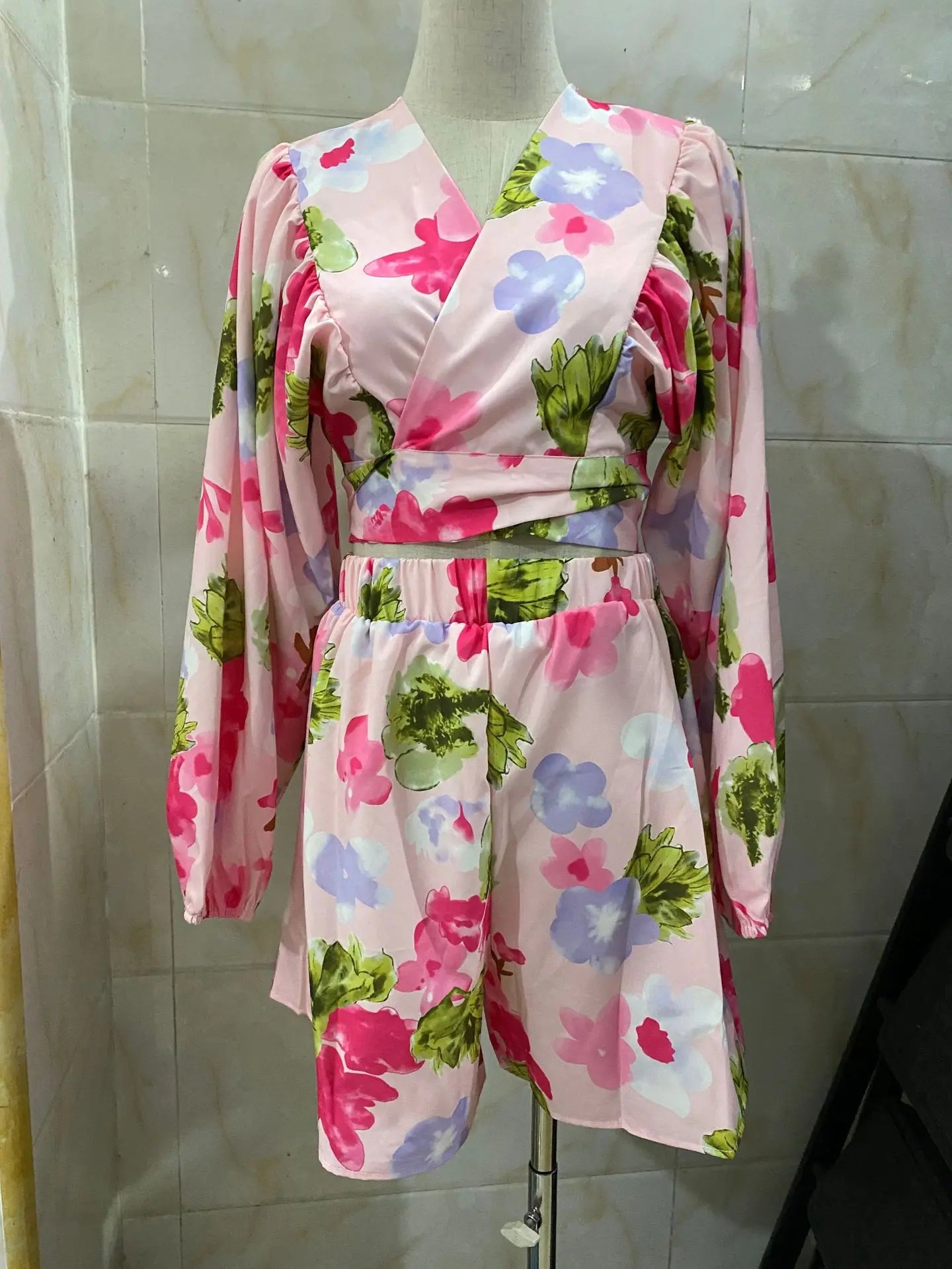 Lace-Up Lantern Sleeve Deep-V-Neck Chiffon Two-Piece Set for Women