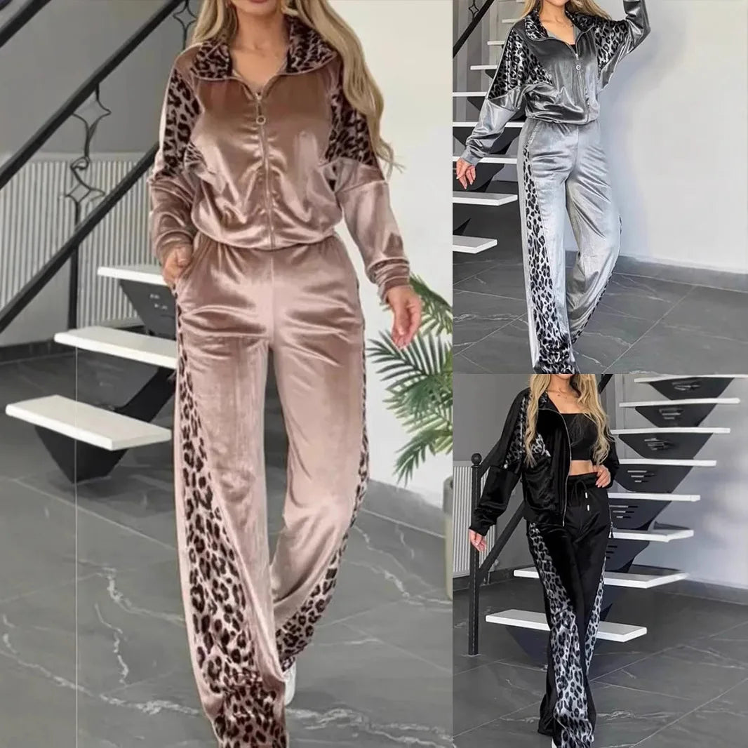2025 Autumn Fashion Women Two Pieces Set Leopard Print Long-sleeved Lapel Zipper Straight Pants Ladies Suit Casual Outfit Female