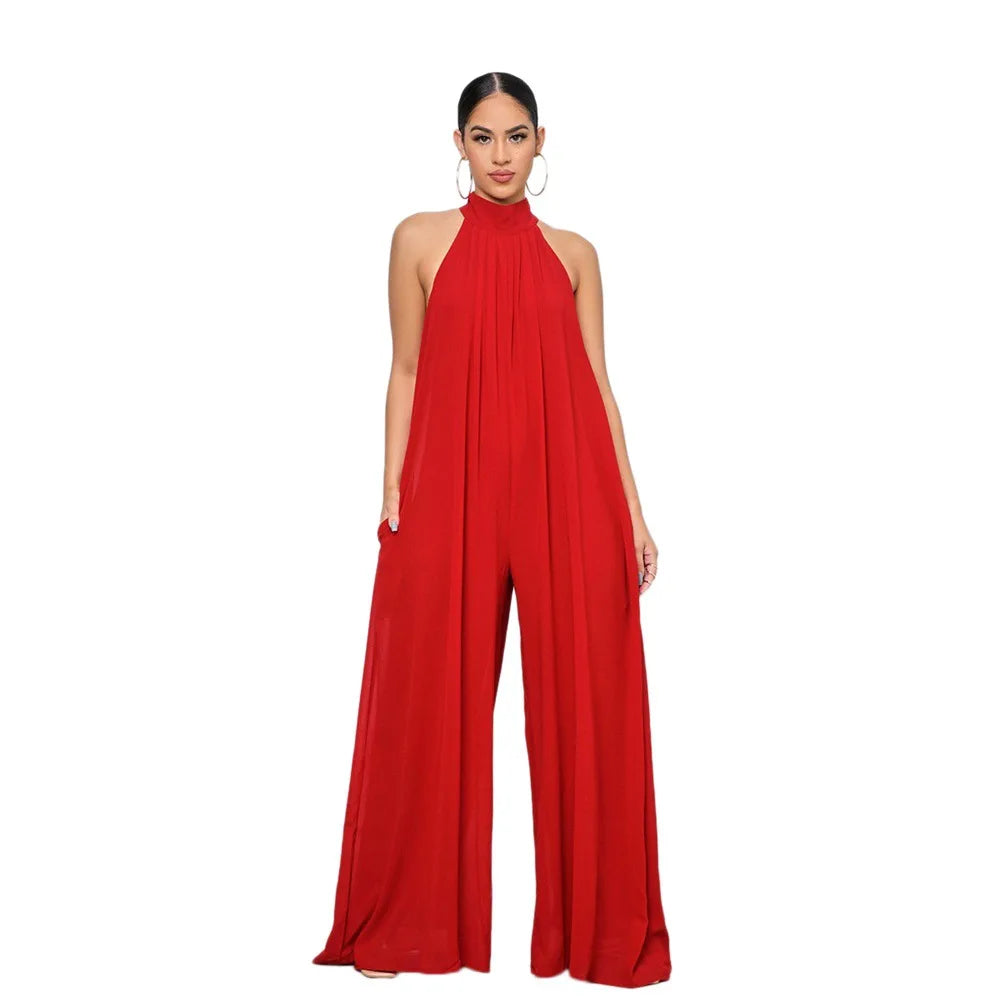 Loose Fit Solid Color Chiffon Ankle Length Jumpsuit for Women