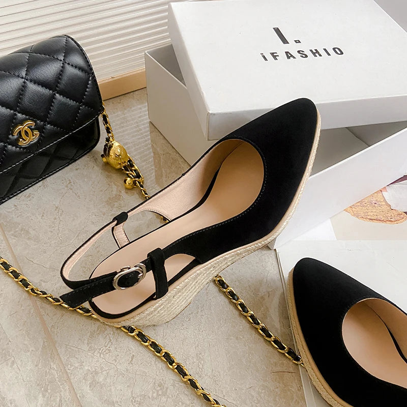 Apricot Back Strap Suede Wedge Platform Sandals for Women