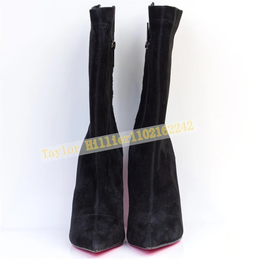 Blue Suede Mid Calf Stiletto Boots with Rhinestone Trim for Women