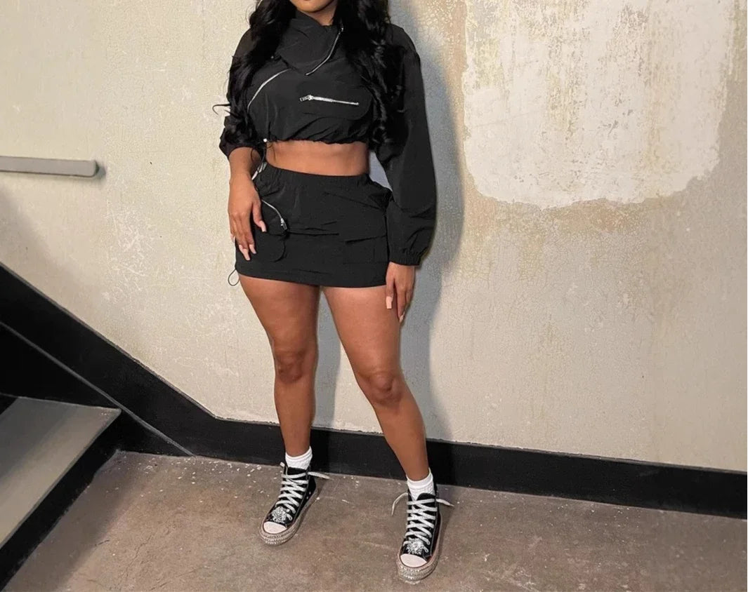 Fashion Style Two Piece Women Sets Outfit Streetwear  Summer 2025  Long Sleeve Zipper Tops and Midi Mini Skirts Suit Female