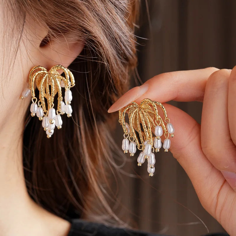 Simulated Pearl Tassel Drop Earrings